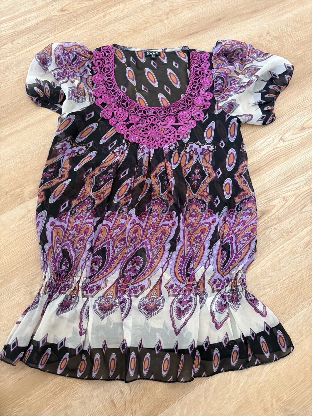Soda Black Blouse with Purple Crochet & Orange Accents